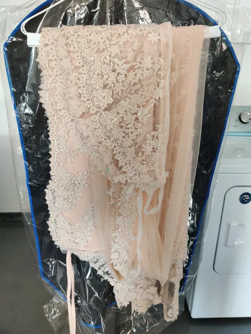 Blush lace bridal gown cleaned and protected in a garment cover at Champion Laundry, Gampaha